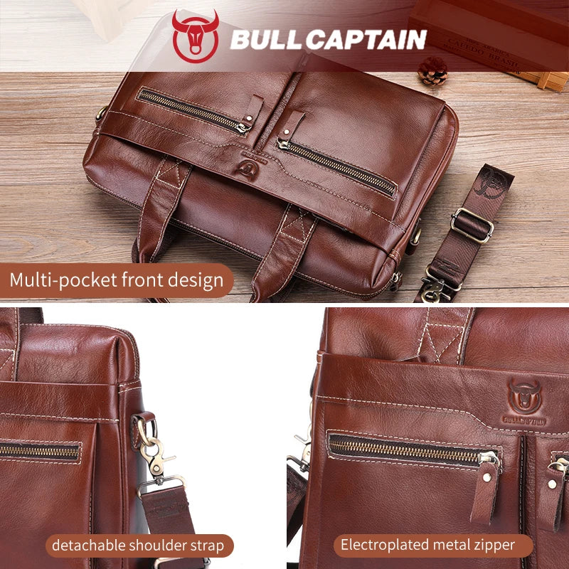 BULLCAPTAIN Briefcase Shoulder Bag Men's Genuine Leather 14 Inch Laptop Handbag Office Business Men's Fashion Simple Briefcase