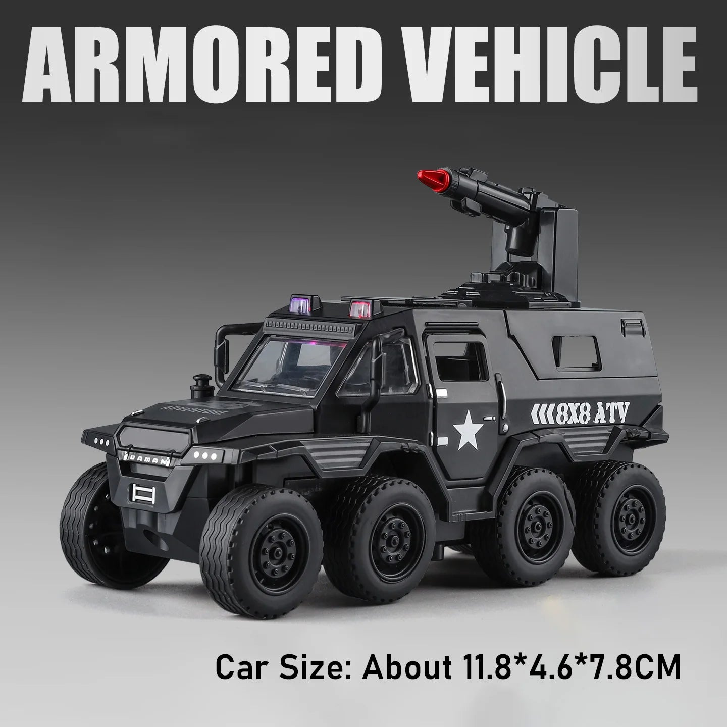 1:36 Conqueror SWAT Armored Vehicle Alloy Diecast Model Toys Car Doors Opened Sound Light Pull Back Cars Festival Gift for Child