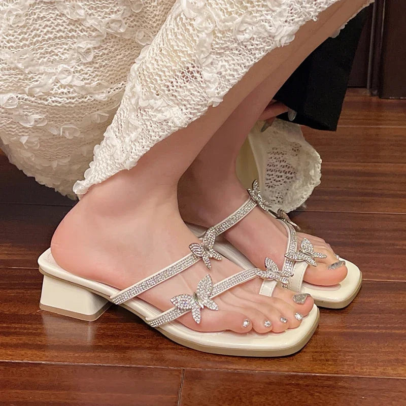 2025 Fashion Silver Crystal Sandals Women Rhinestone Butterfly Thick Heel Sandles Woman Summer Med Heeled Party Shoes Female