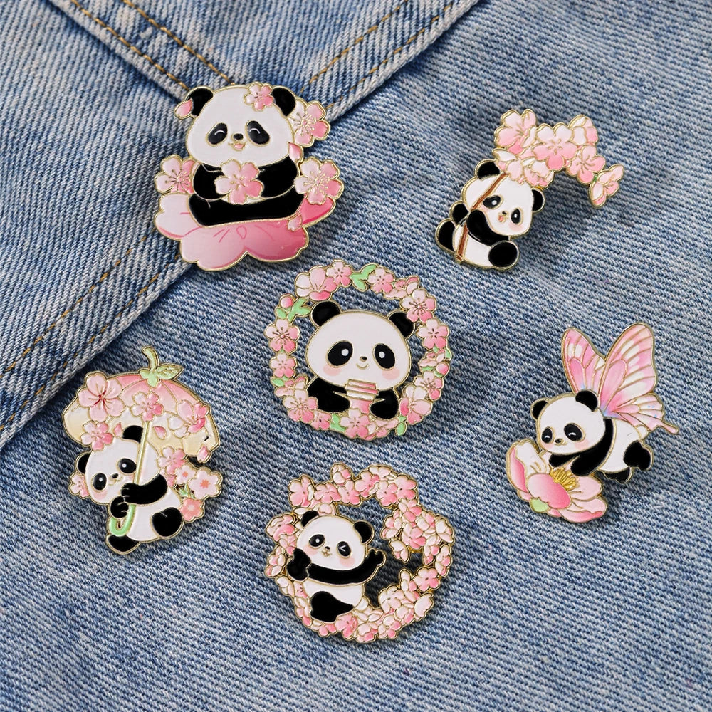 6pcs Cute Cartoon Animal Enamel Brooches - Flower Panda Cherry Blossom & Butterfly Lapel Pins Metal Badges Jewelry Gift Set