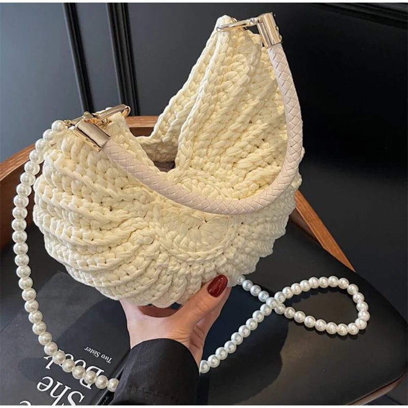 Milk White Shell Knit Crossbody Shoulder Bag Pearl Chain Woven Women Classy Bag