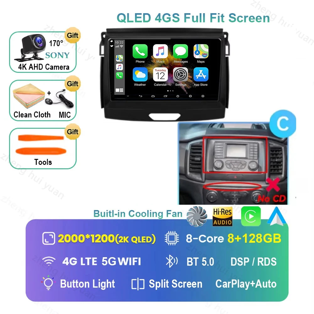 Android 16 CarPlay Auto For Ford Ranger 2015 - 2022 Car Radio Multimedia navigation video DVD Autoradio Stereo 2din 4G