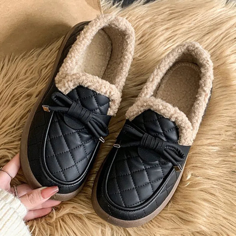 Pu Leather Snow Boots for Women 2025 Winter Korean Bowknot Detor Plush Booties for Woman Non Slip Keep Warm Snow Boots Lady