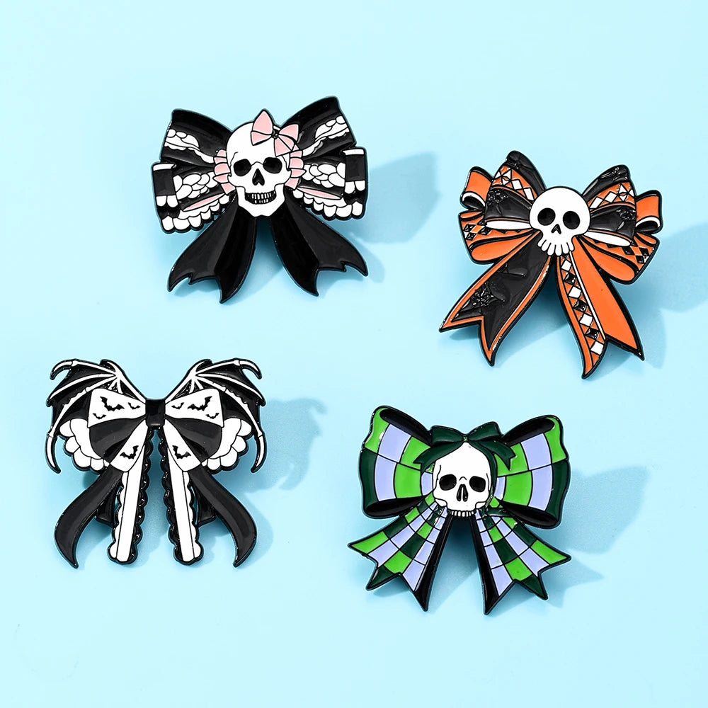 4 Pcs Gothic Skull Bow Enamel Pin Bat Wing Checkered Ribbon Bow Lapel Brooches Punk Dark Skeleton Jewelry for Backpack Jacket De