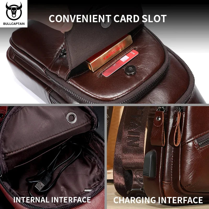 BULLCAPTAIN 2022 The Latest Men's Leather Chest Bag Large Capacity Casual Men's Messenger Bag Classic Leather Chest Bag XB 127