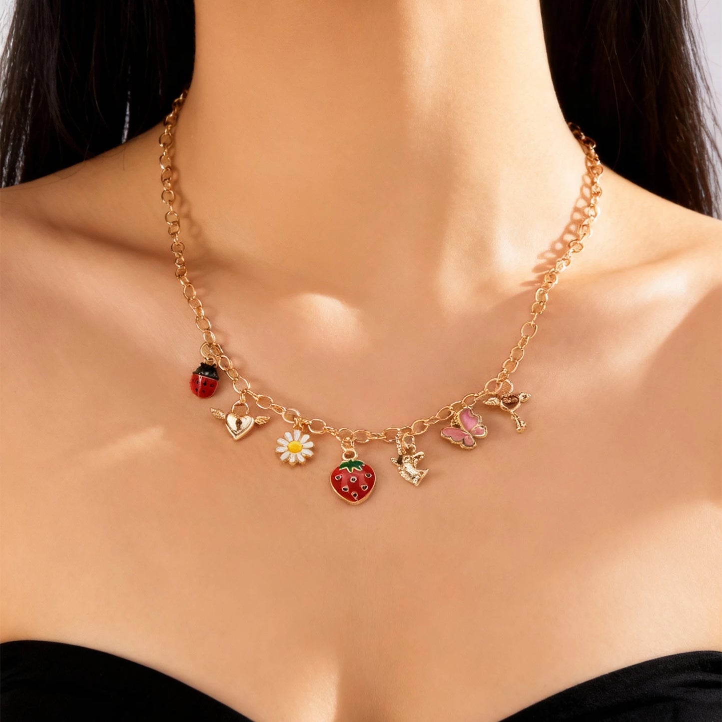 Sweet Charms Heart Cherry Strawberry Bow Multiple Pendant Necklace for Women New Trendy Cute Fruit Choker Chain Y2k Jewelry Gift