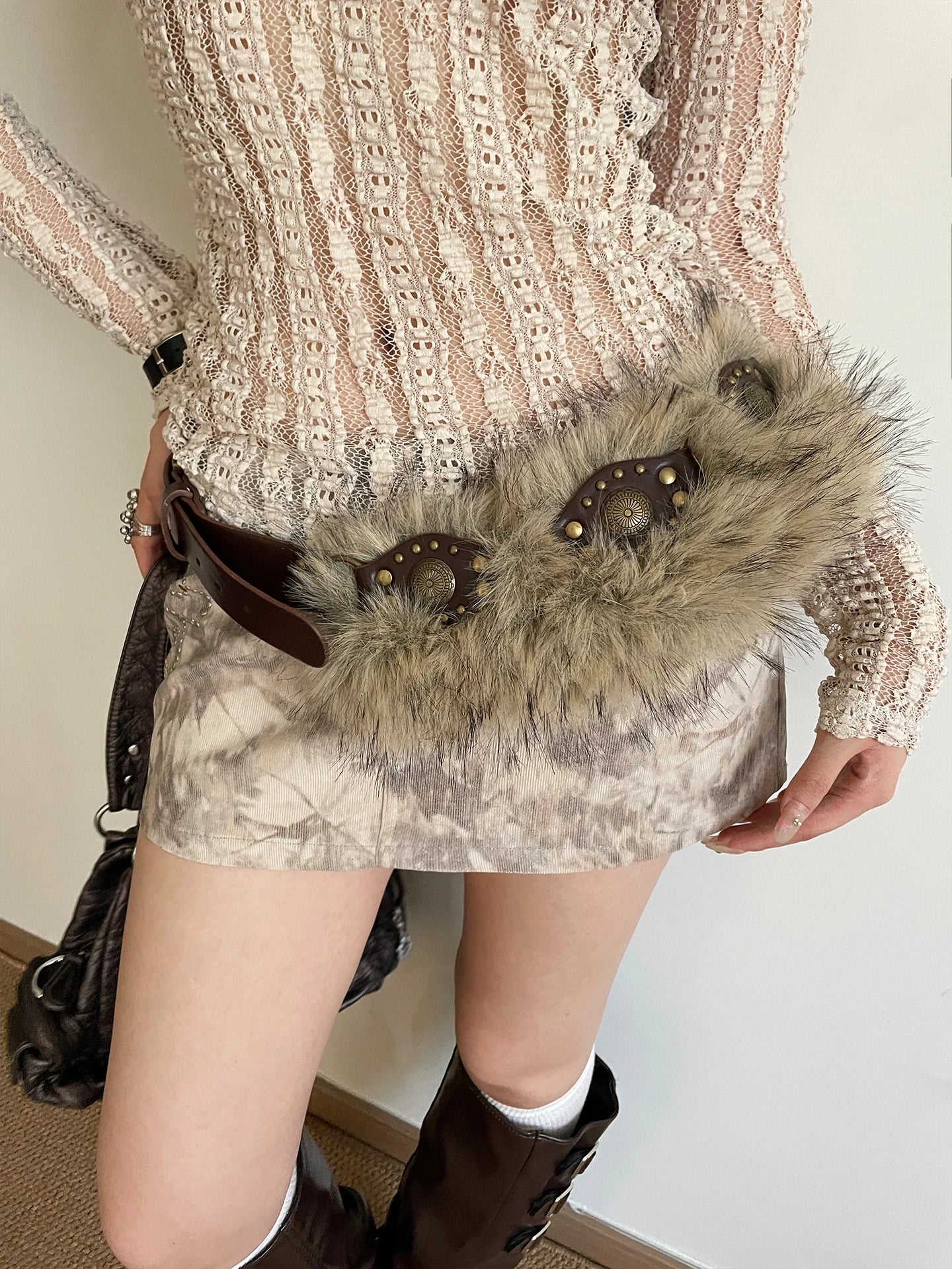 American Y2K Style Girl Punk Style Fluffy Patchwork Rivet Belt Women's Niche Personality Belt Waistcoat