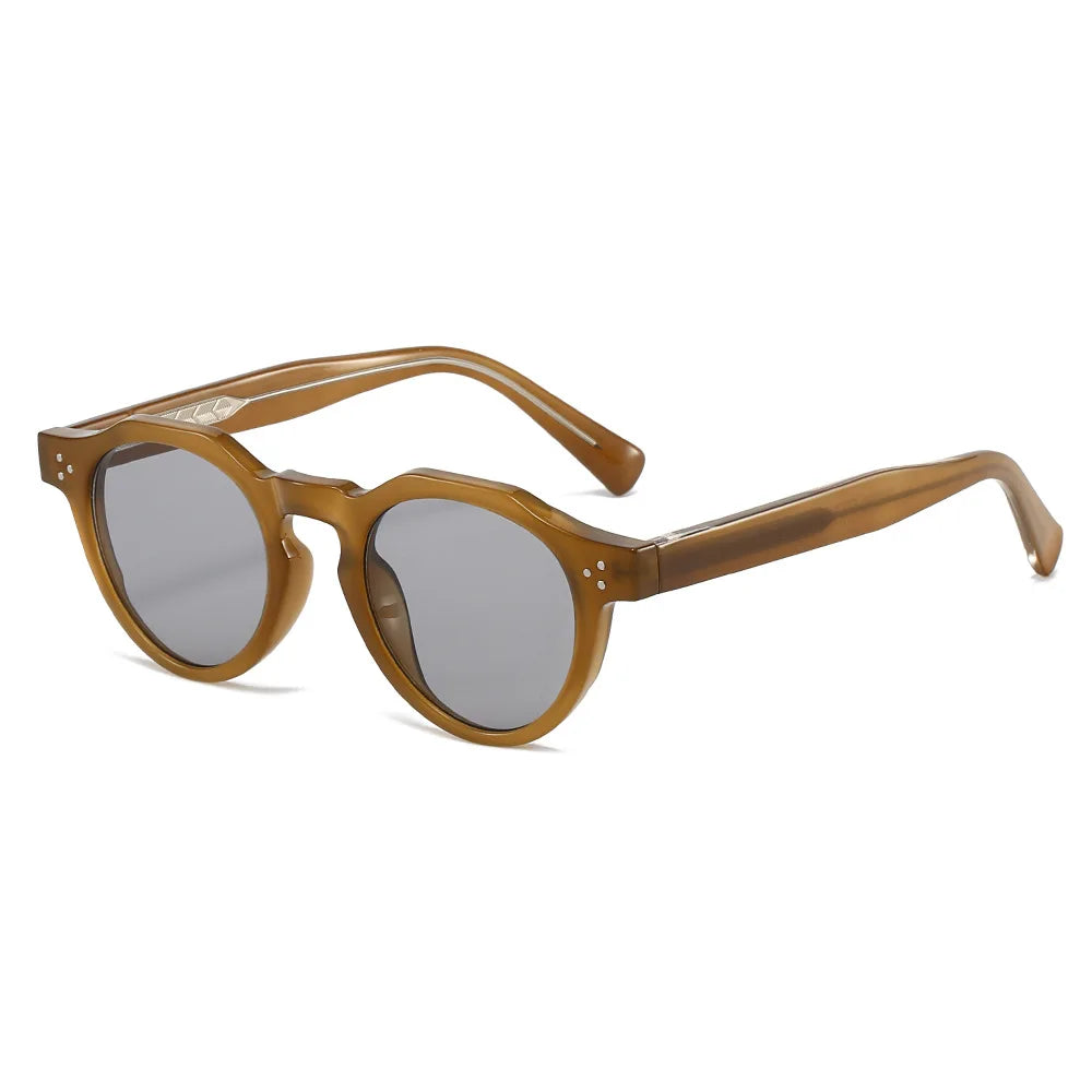 JNPCXI New Round TR90 Contrast Color Women Sunglasses Retro Rivets Green Tea Punk Men Sun Glasses Shades UV400