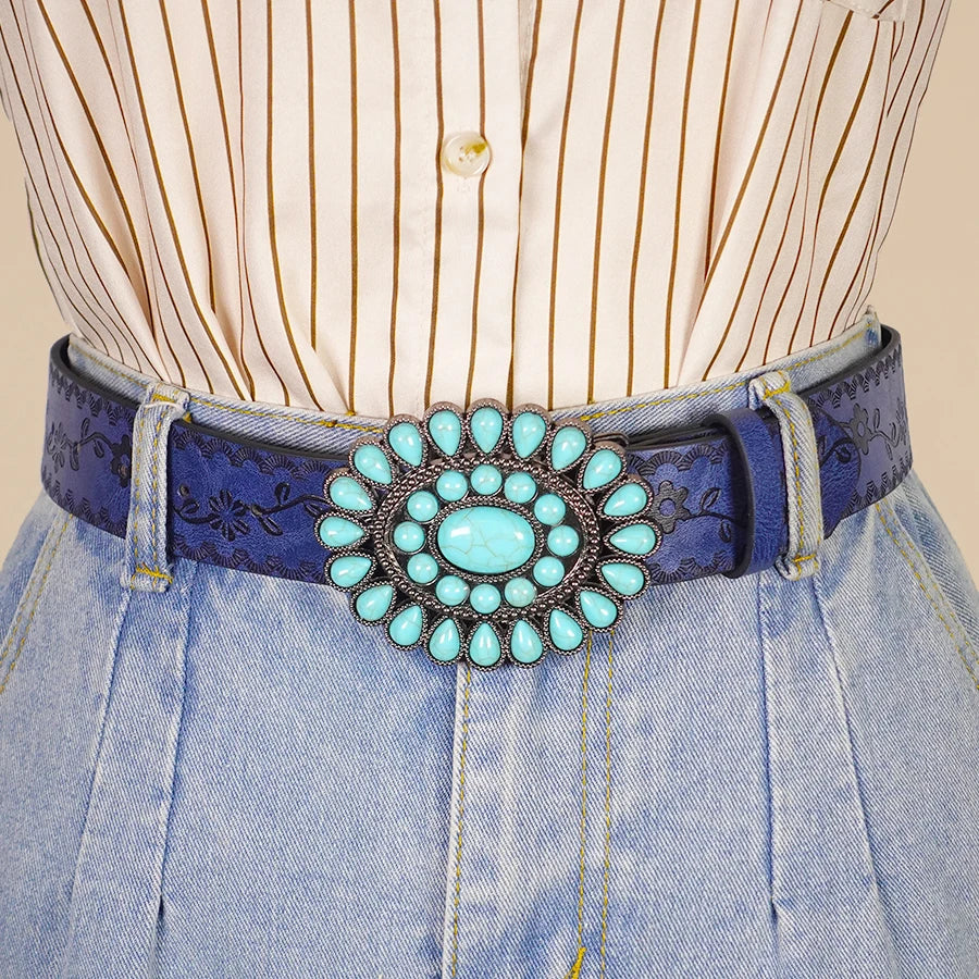 Retro Court Style Imitation Gemstone Inlaid Women's Wide Belt, Western Denim Style, Niche Women's Belt