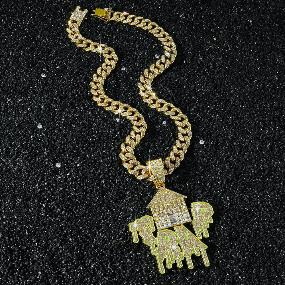 New Men's Exaggerated Trap House Pendant Cuban Necklace Hip Hop Style Iced Out Rhinestone House Letter Necklaces Charm Jewelry
