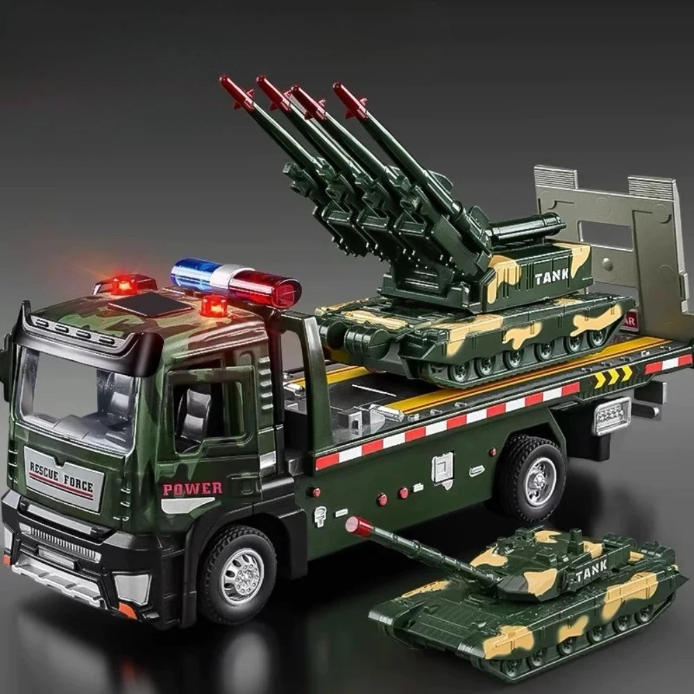 1:32 Military Tank Flatbed Trailer Model Toys Car Alloy Diecast Transport Vehicle Sound Light Pull Back Door Opened Toy Kid Gift