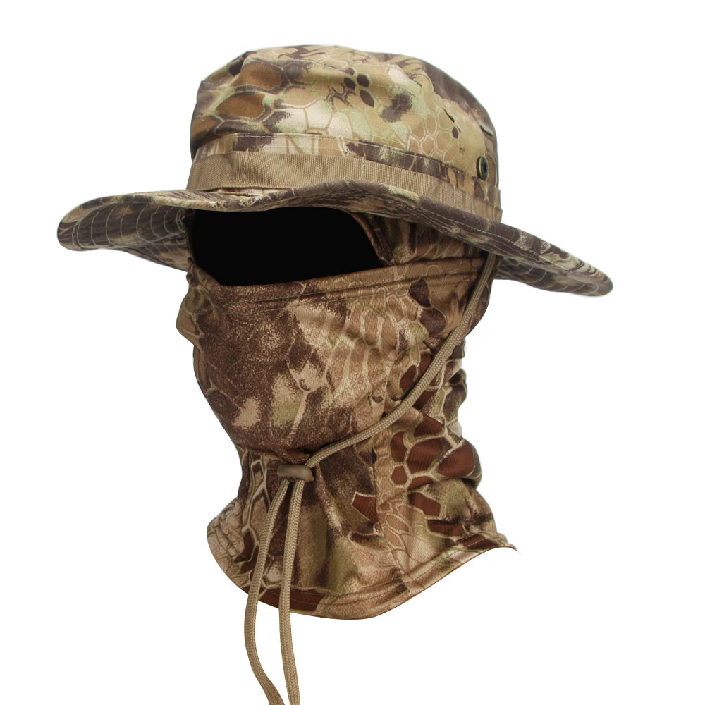 2Pcs Wide Brim Hat & Balaclava Set Men Outdoor Sun Boonie Cap Hiking Fishing Hat