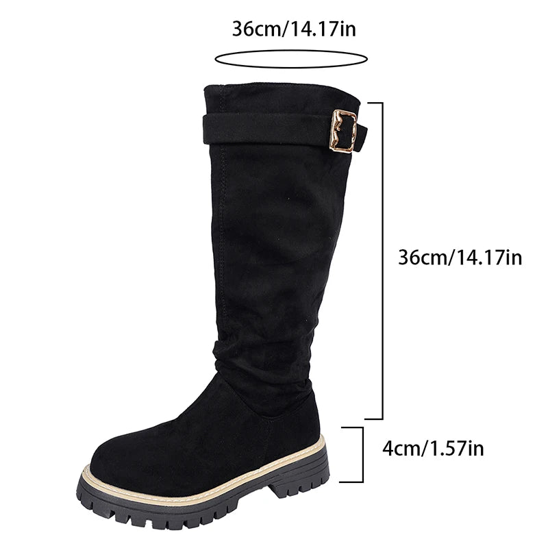 Buckle Decor Black Flock Knee High Boots Women Plus Size 43 Slip On Platform Long Boots Woman Autumn Winter Thick Sole Botas