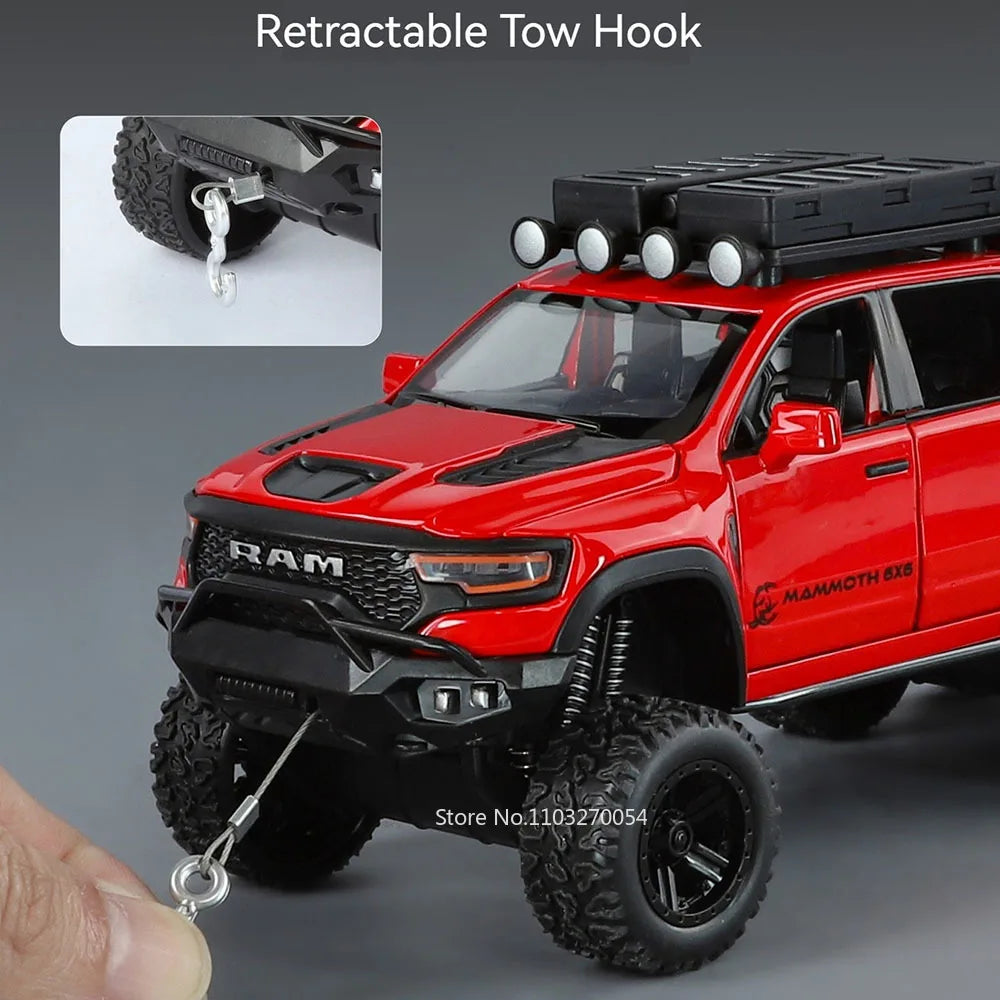 1:32 Scale Ram TRX Mammoth Pickup Car Model Diecast Alloy Toys with Sound Light Pull Back Doors Opened Camper Van Children's Toy
