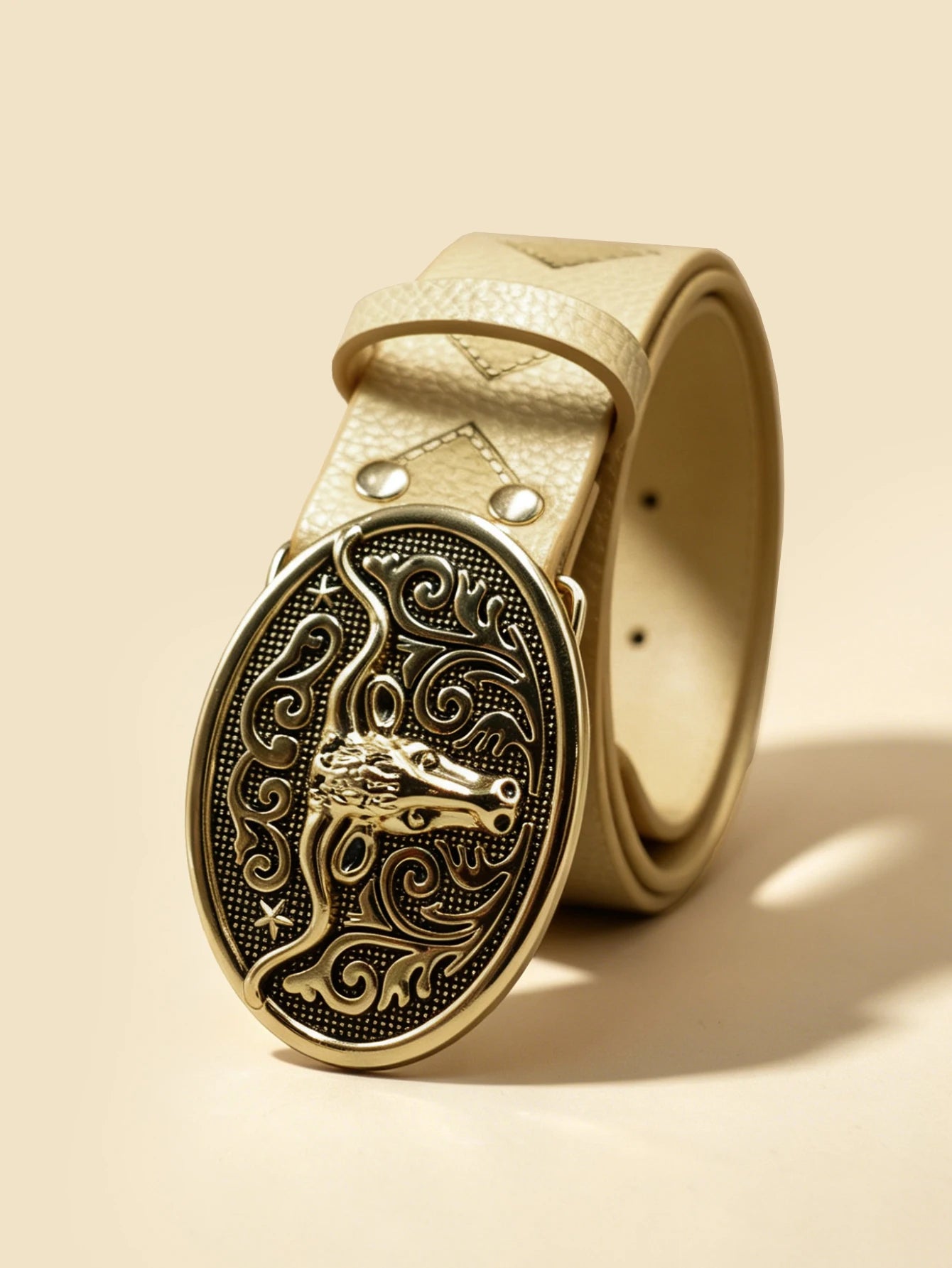 Western Bull Head Engraved Belt, Beige Diamond Embossed Gold Buckle Unisex Cowboy Waistband