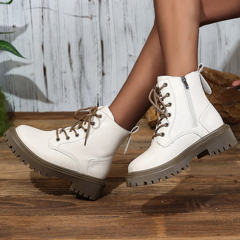 2025 Lace Up Platform Ankle Boots for Women Autumn Winter Warm Plush Short Booties Mujer Plus Size Thick Sole Motorcycle Boots