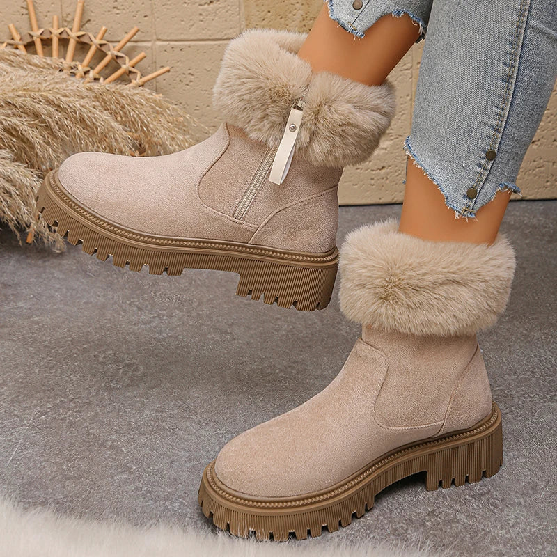 Fluffy Fleece Lined Platform Ankle Boots Women Plus Size 42 Faux Fur Snow Boots Woman Comfy Thick Sole Flock Winter Botas Mujer