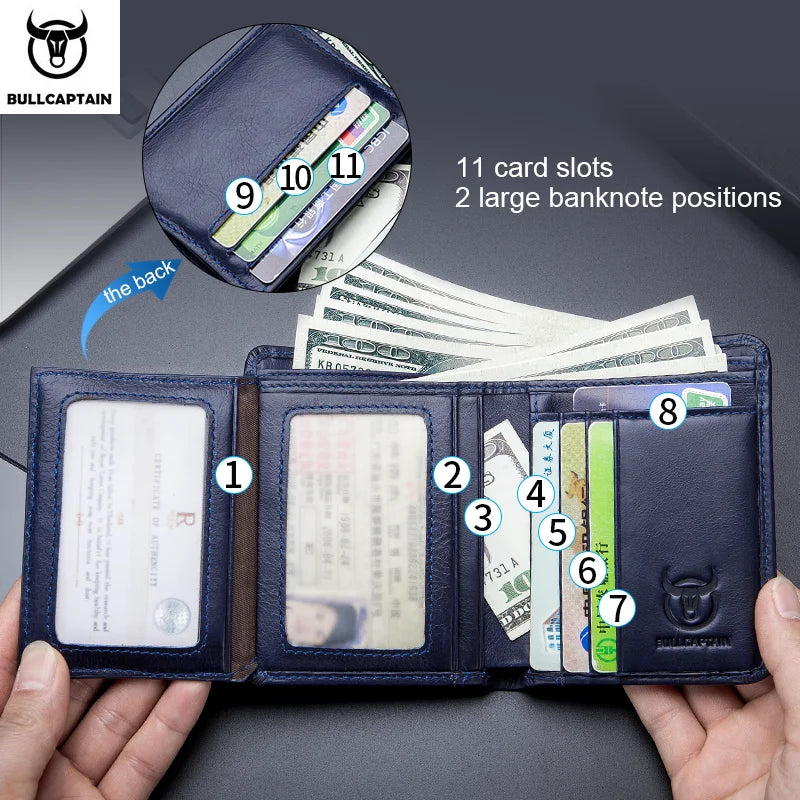 BULLCAPTAIN 2021 New Genuine Leather Man Wallet Small Mini Card Holder Male Purse Pocket RFID Wallet Coin High Quality