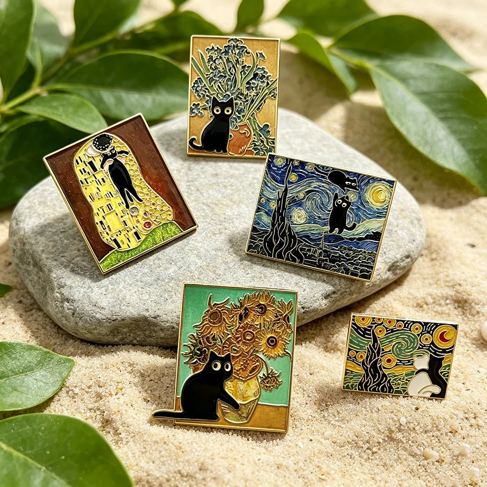 5pcs Famous Painting Black Cat Enamel Pins Set Aesthetic Vintage Sunflower Art Brooches Badge Pins for Backpack fans Collectible