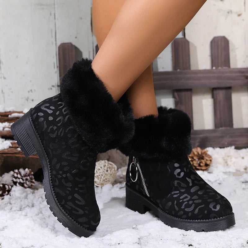 Fashion Leopard Print Faux Fur Ankle Boots Women Zipper Decor Thick Heels Winter Boots Woman Non Slip Warm Plush Short Booties
