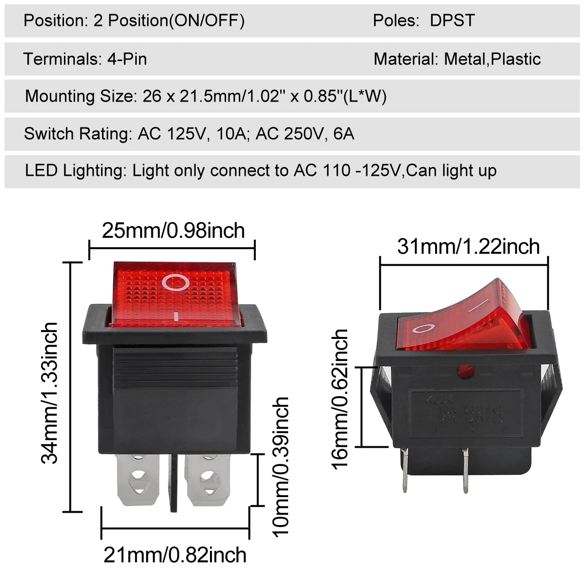 5pcs Rocker Switch AC 10A/125V 6A/250V DPST 4 Pins 2 Position ON/Off Red LED Light Illuminated Boat KCD4 Rocker Switch Toggle