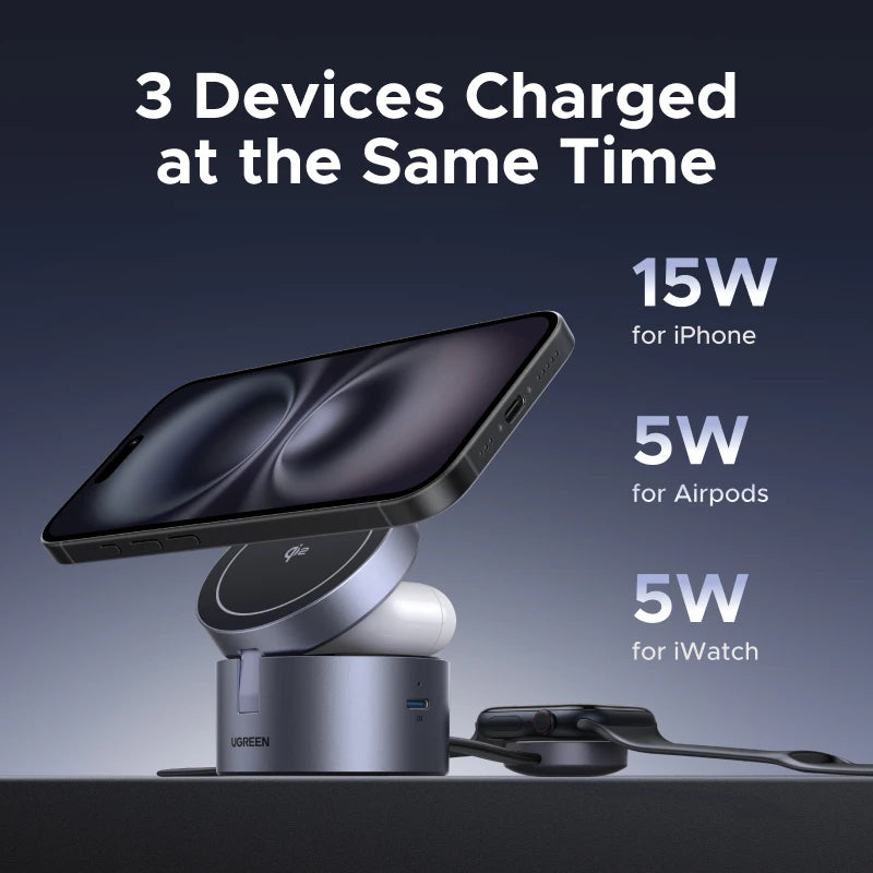 Qi2 15W Magnetic Fast Wireless Charger 3in1 Stand iPhone 15 16 Pro Max/AirPods