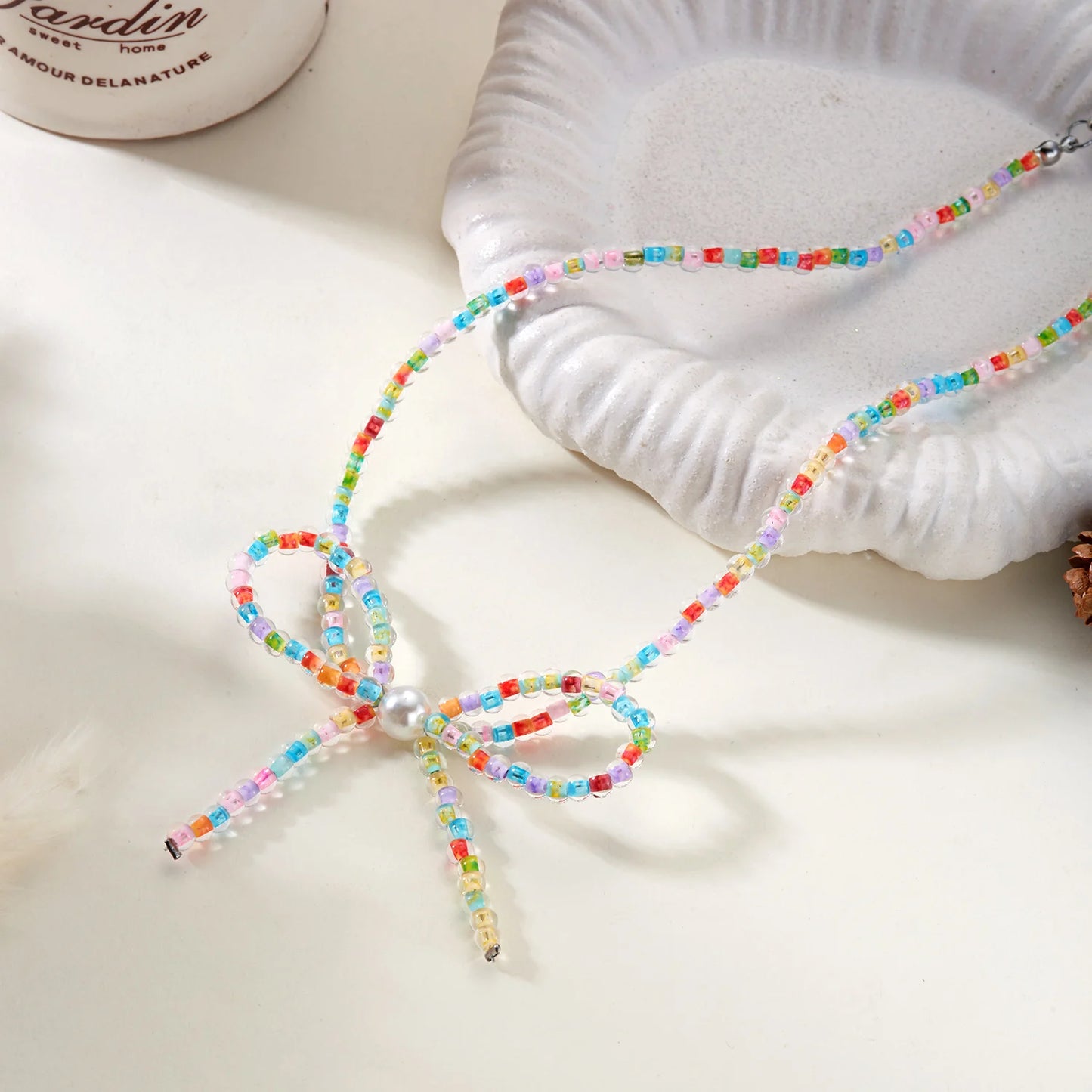 Elegant Fashion Bowknot Pearl Choker Necklace for Women Girl Cute Romantic Handmade Colorful Beads Collarbone Chain Jewelry Gift