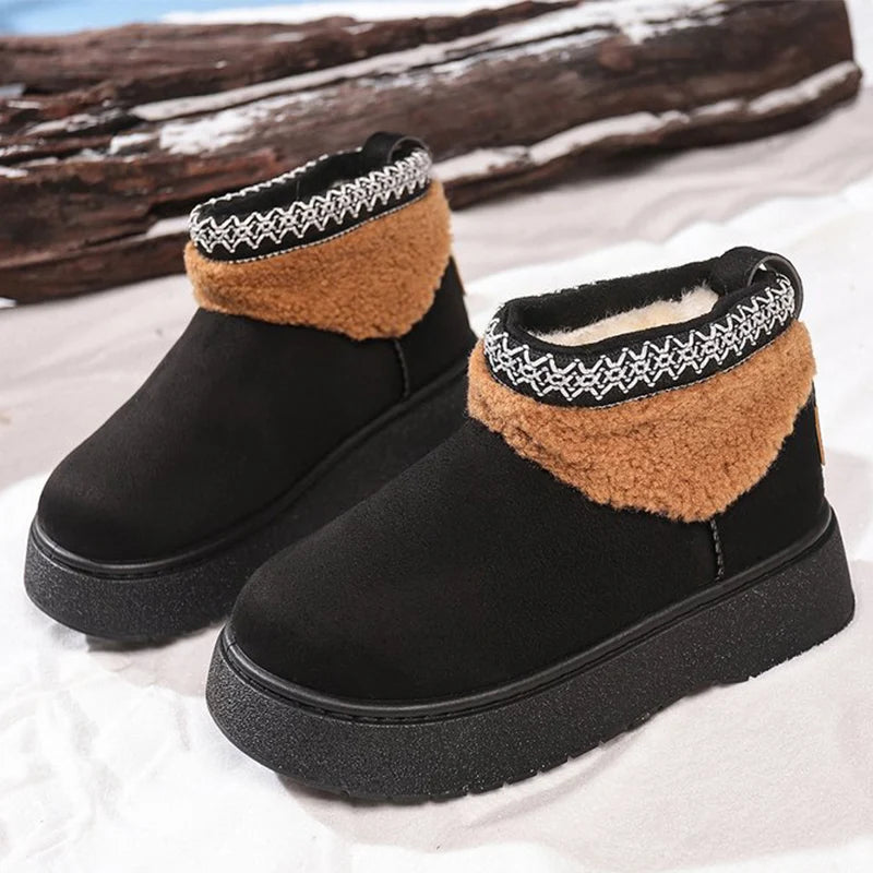 Black Platform Snow Boots for Women Winter Thicken Warm Plush Ankle Boots Woman Retro Faux Suede Non Slip Cotton Shoes Lady