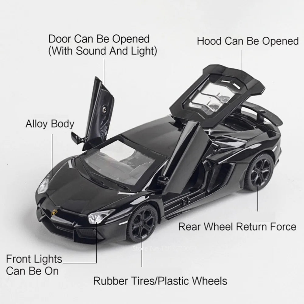 1/32 LP740 Sian Toys Model Car Diecast Alloy Sports Car Metal Body Rubber Tire Doors Opened Sound Light Pull Back Toy Kid Gifts