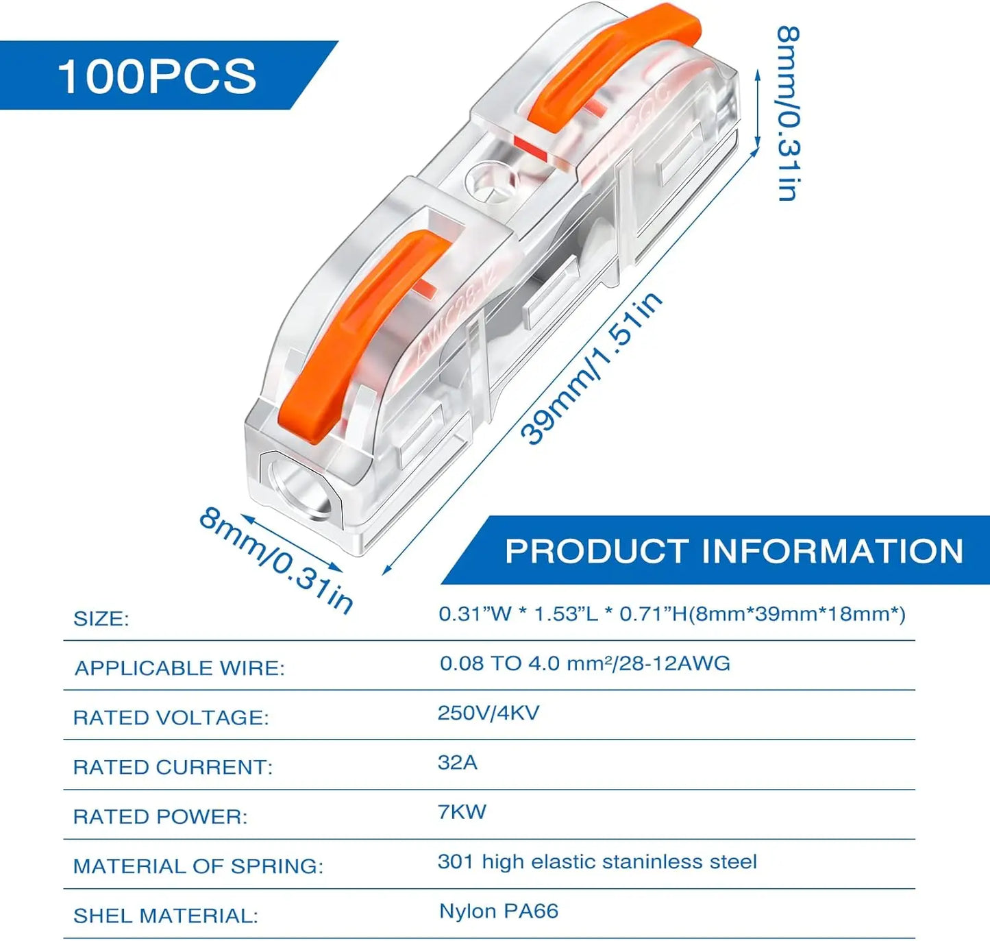 100 Pcs Wire Connectors 1 to 1 Inline Wire Compact Splicing Electrical Connectors 1 Conductor Lever for Quick Wiring Circuit