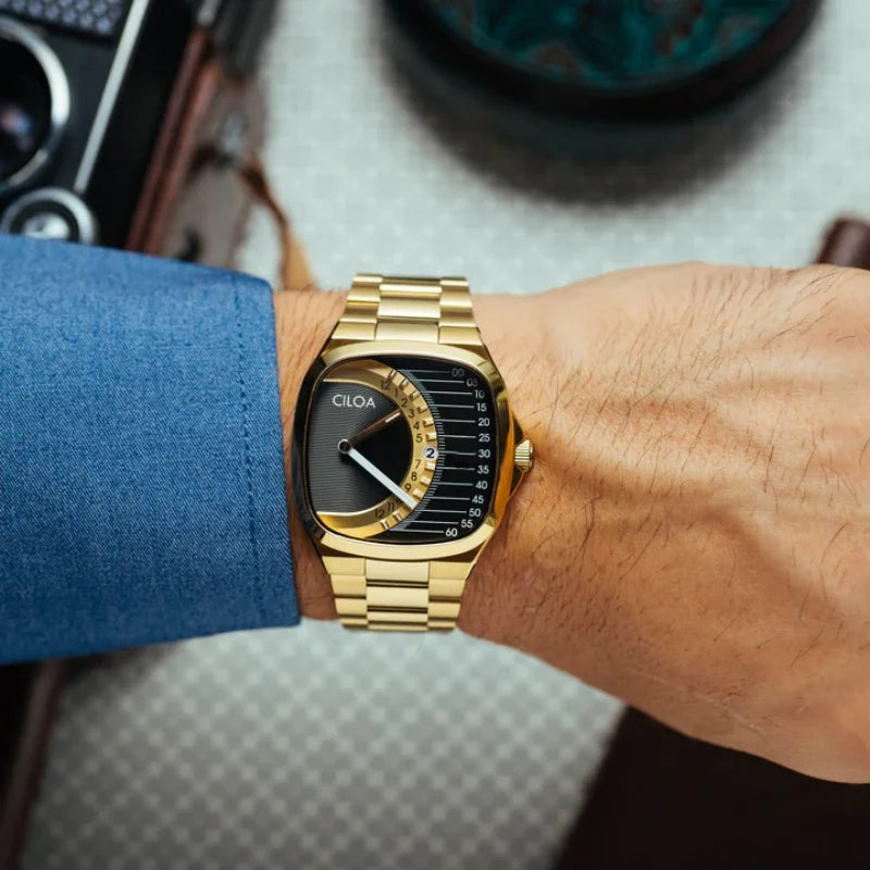 CILOA retrosquare watch men's stainless steel strap gold waterproof quartz watch