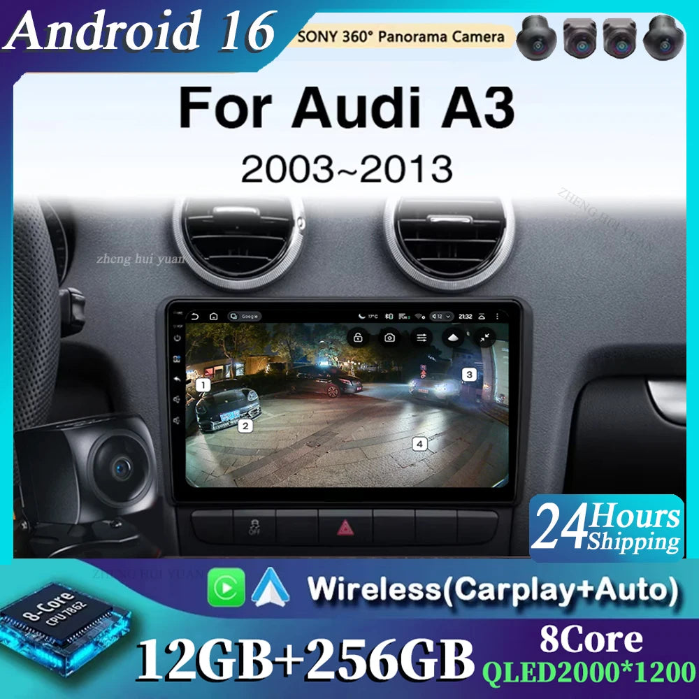 For Audi A3 8P 2003 2004 - 2013 Android 16 GPS WIFI 4G Carplay&Auto Car Radio Navigation QLED Multimedia Stereo Player BT