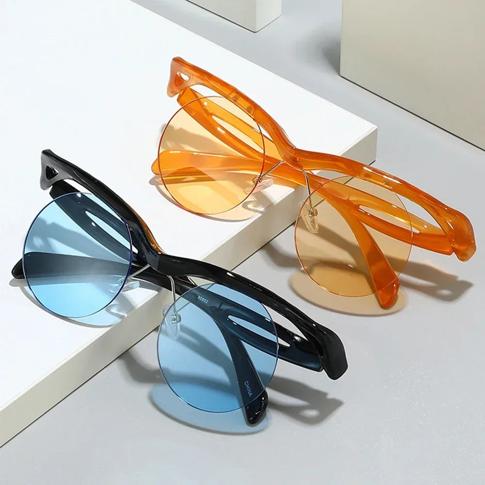 JNPCXI Retro Unique Rimless Round Sunglasses Fashion Clear Ocean Lens Shades UV400 Brand Designer Men Punk Mirror Sun Glasses