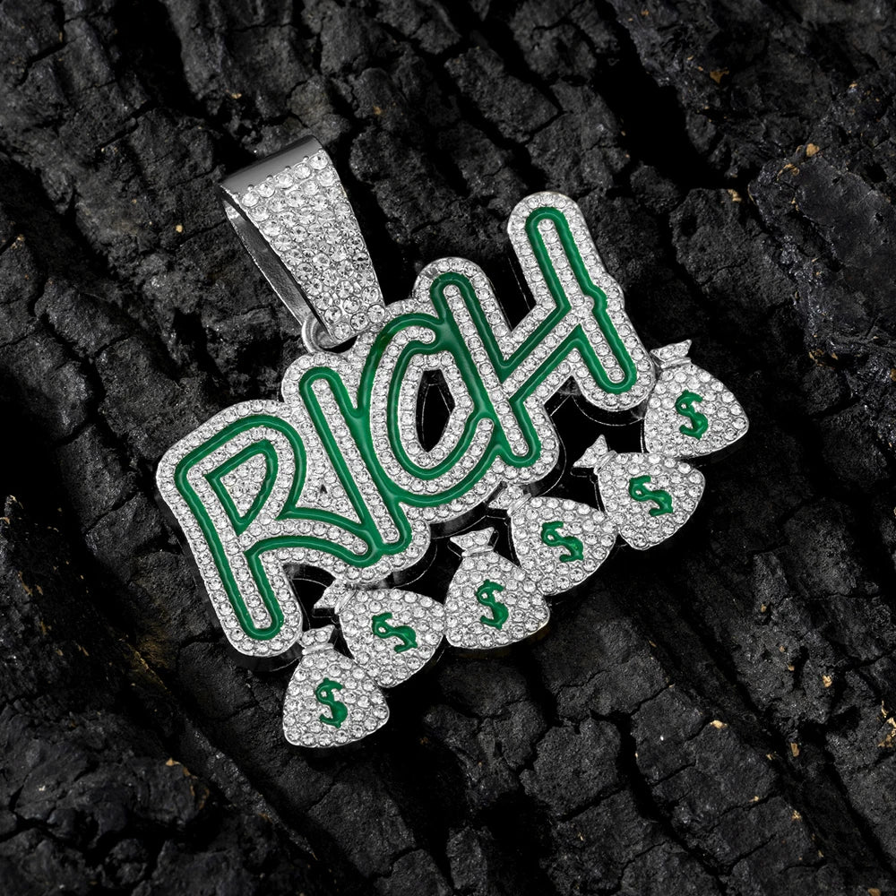 Hip Hop Men Women Become Rich Money Bag Pendant Necklace，With 13mm Miami Cuban Link Chain Necklaces Trendy Dollar Sign Neck Wear