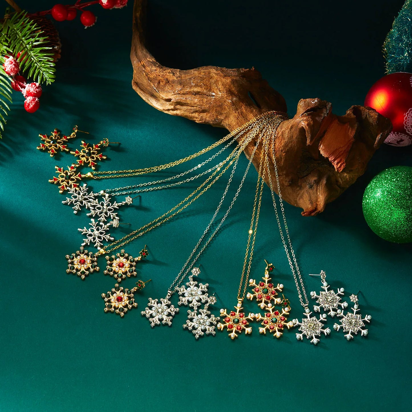 Christmas Colorful Rhinestone Imitation Pearl Snowflake Necklace Earrings Set For Women 2026 Xmas Jewelry Set Holiday Party Gift