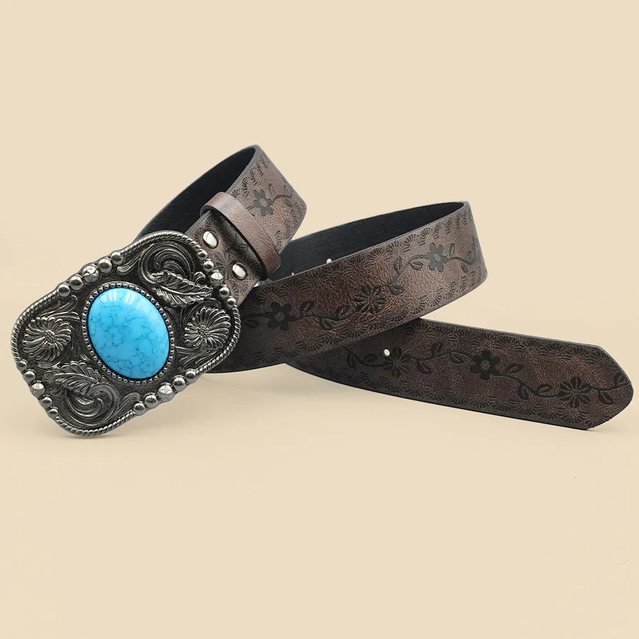 Brown Vintage Western Women's Belt - Carved Blue Turquoise Buckle, Versatile for Dresses, Jeans & Shirts