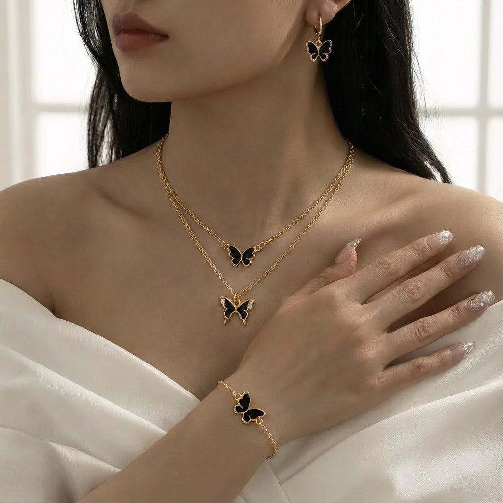 Romantic Black Butterfly Crystal Jewelry Set for Women Gold Color Necklace Earrings Bracelet Set Wedding Valentine's Day Gift