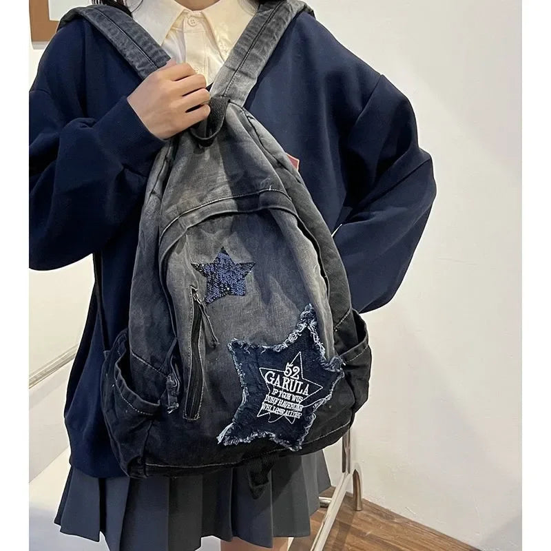 Y2K Korean Casual Denim Backpack Fashion Star Pattern Large Capacity Student Schoolbag Teenagers Vintage Punk Travel Book Bag