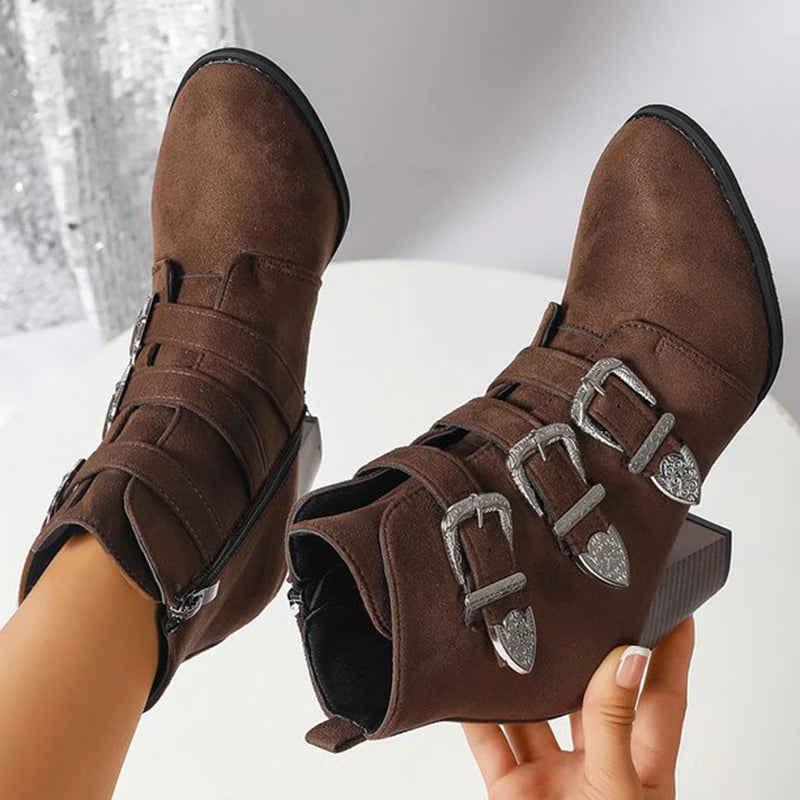 Fashion Buckle Decoration Boots Women Spring Autumn Plus Size Faux Suede Ankle Boots Woman Side Zipper High Heel Botas Ladies