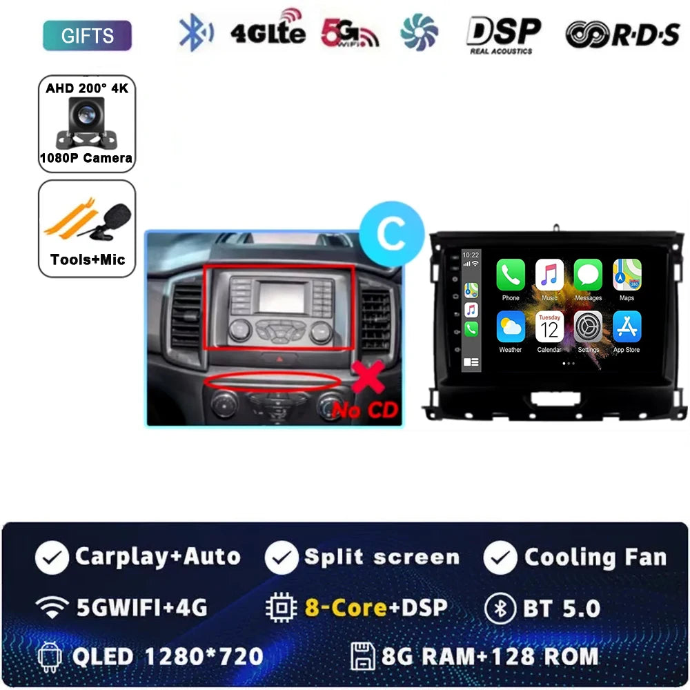 For Ford Ranger 2015 2016 2017 2018 2019-2022 Android 16 Car Radio Stereo QLED Screen GPS Multimedia Carplay Autoradio Head unit