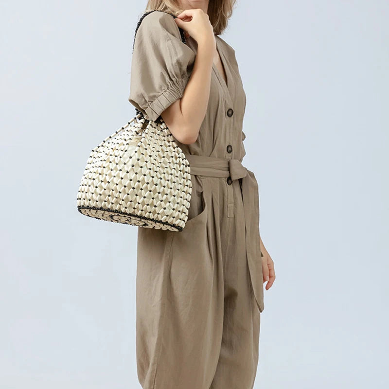 Simple Casual Handwoven Wooden Bead Handheld Women's Shoulder Bags Bucket Bag