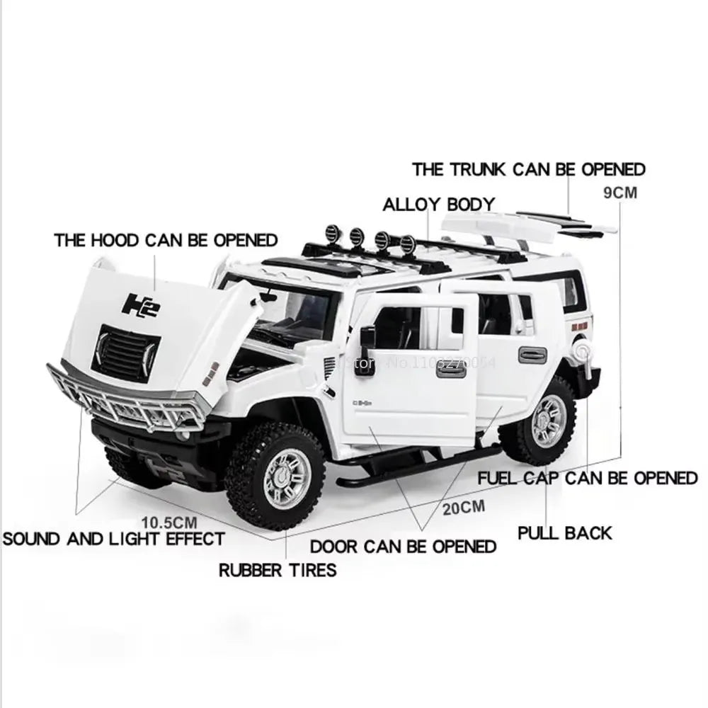 1/24 H2 Police Toy Model Car Alloy Diecast 6 Doors Opened with Sound Light Pull Back Rubber Tire Off-road Vehicles for Kid Gifts