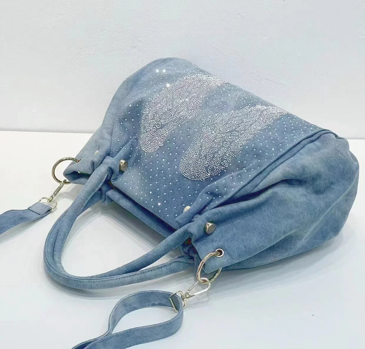 Fashion Denim Women Handbag Crystal Diamond Casual Jeans Tote Bag Shoulder Bag