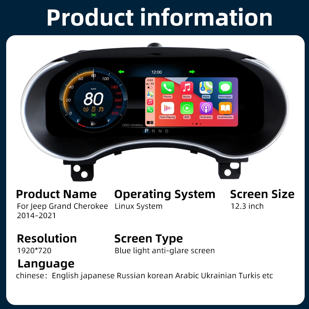 Cluster Digital Dashboard For Jeep Grand Cherokee 201-2013 Speedometer Instrument Panel Suppo Wireless CarPlay and Android Auto