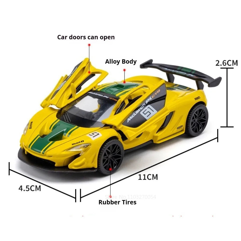 1:43 P1 GTR F1 Miniature Car Diecast Alloy Sports Model Toys with Acrylic Box Rubber Tires Metal Body Vehice Display Items Gifts