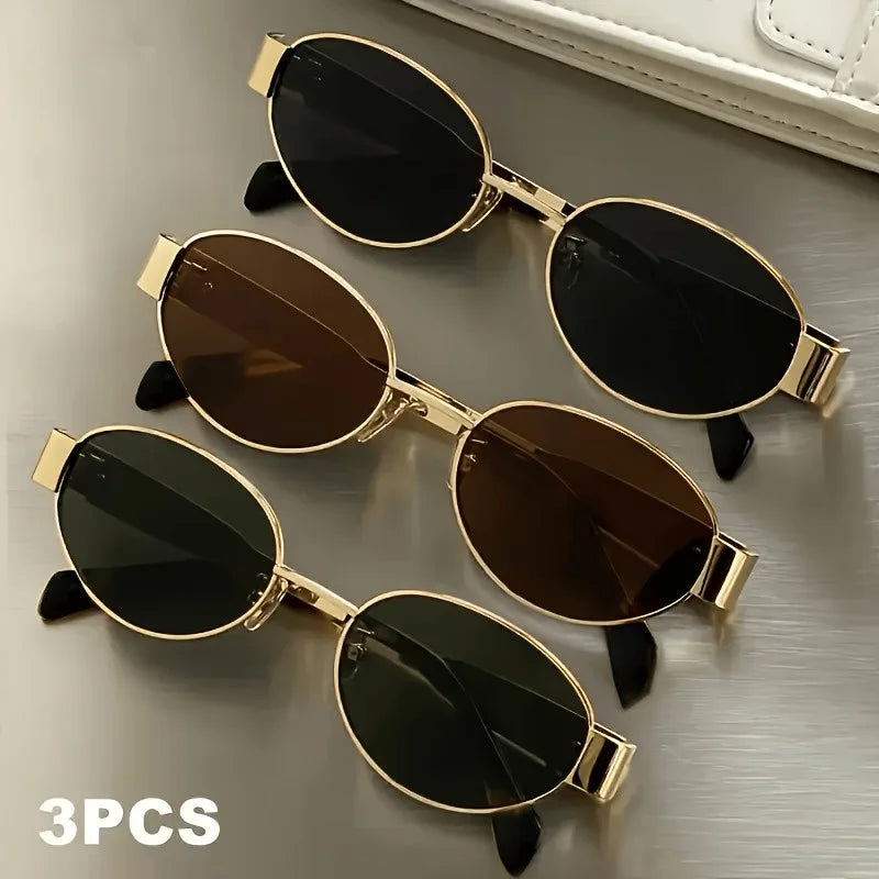 3-Piece Set of Ladies' Retro Oval Sunglasses Trendy Sunglasses Classic Metal Frame