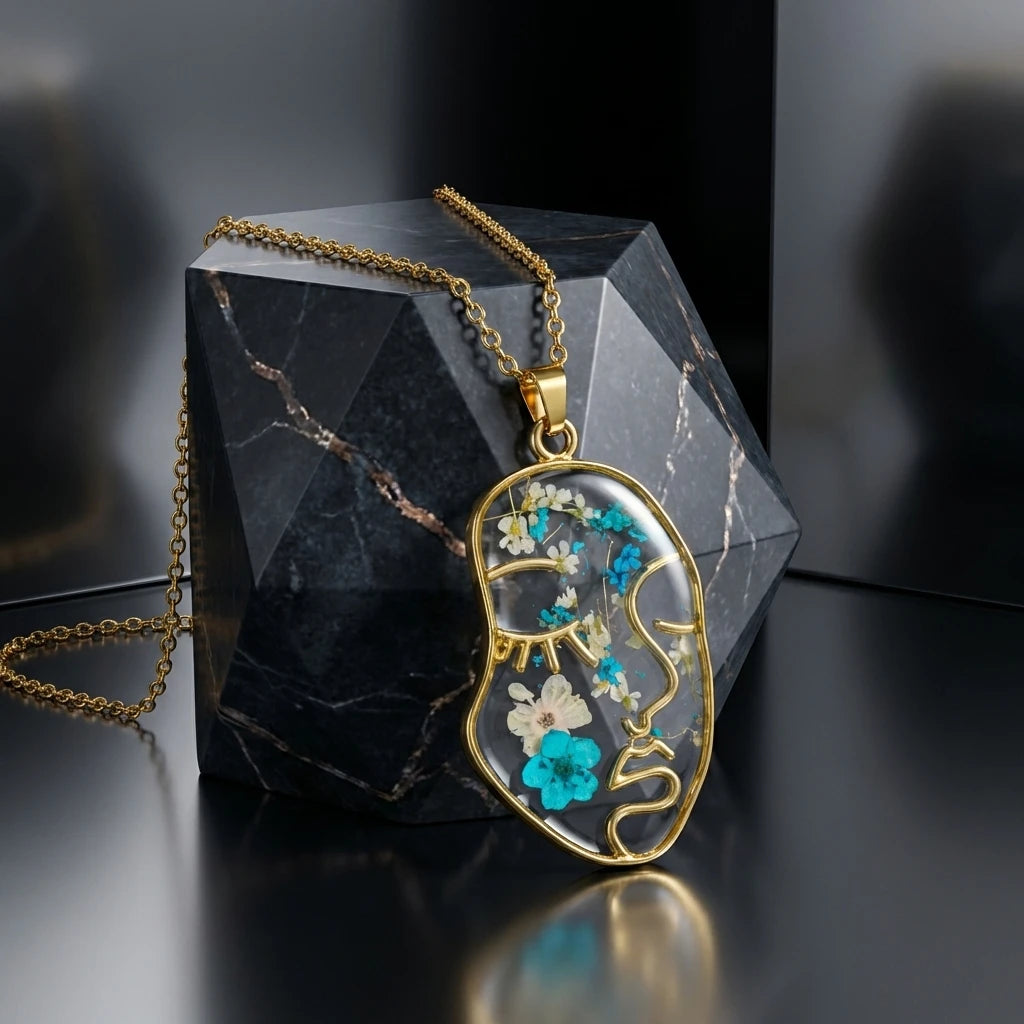 Artistic Abstract Gold Tone Necklace for Women Stainless Steel Resin Flower Irregular Pendant Unique Line Art Jewelry Gift