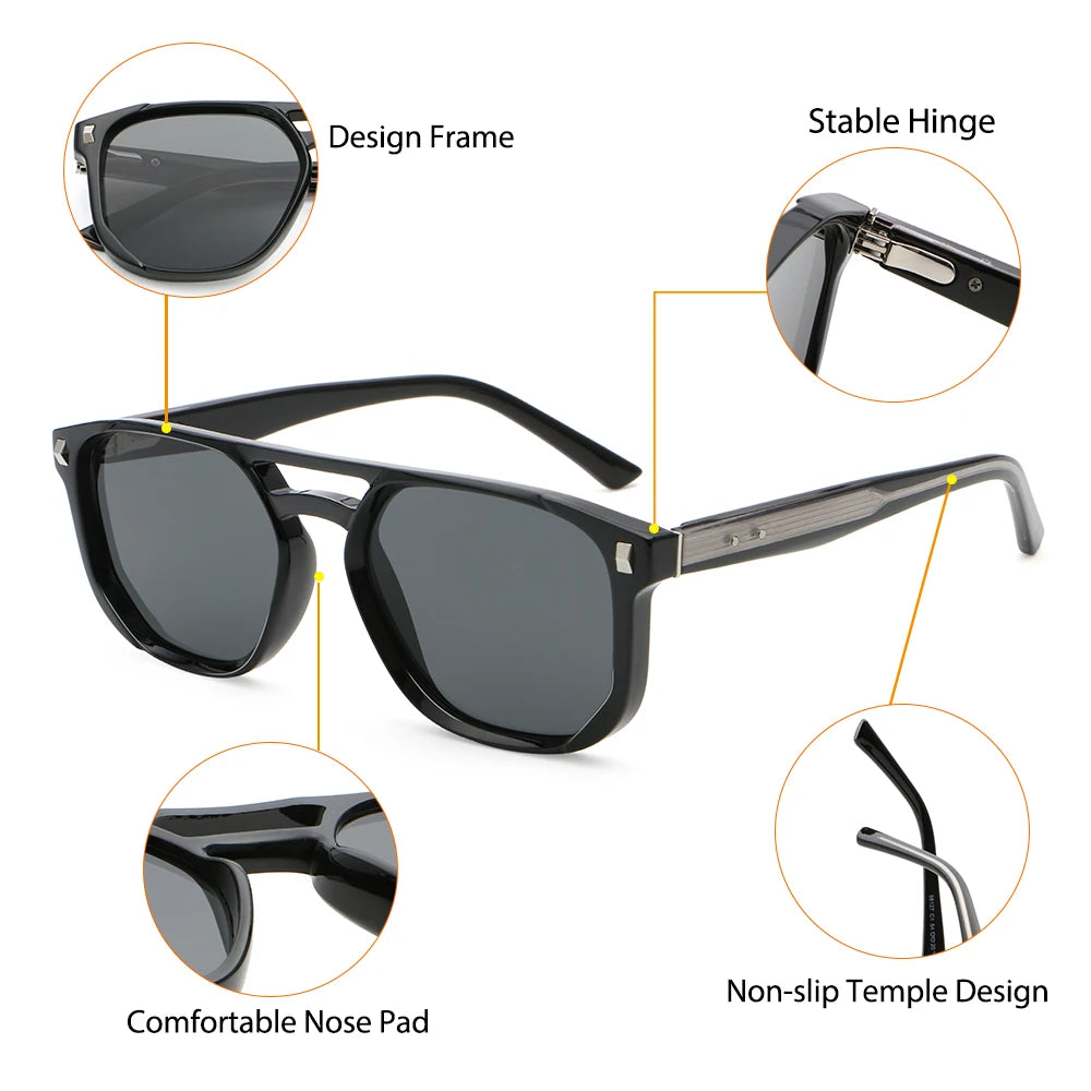 CATERSIDE Men's Pilot Sunglasses Flat Top Double Bridges Square Frame Design Sun Glasses Women's Outdoor Fashion Glasses UV400