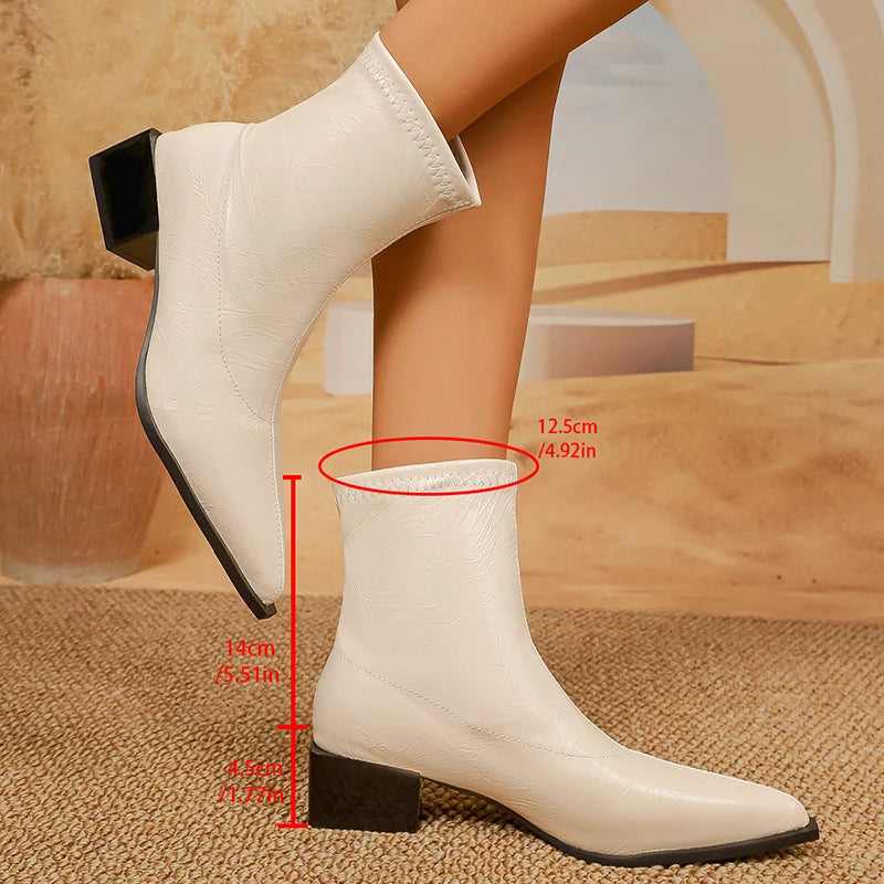 British Style Pointed Toe Ankle Boots for Women Fashion Thick Heels Pu Leather Boots Woman 2025 Slip On Short Booties Mujer