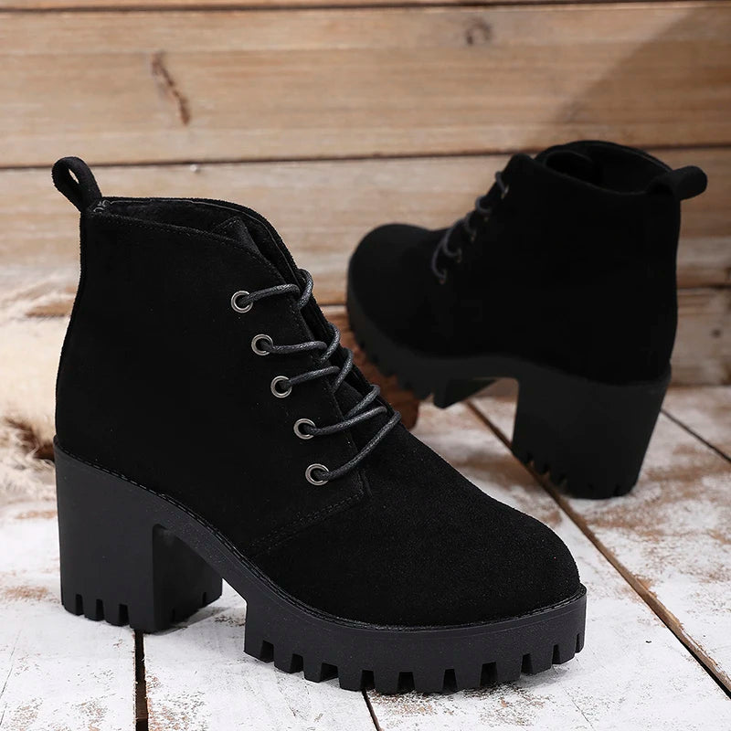 Classic Lace Up High Heels Ankle Boots Women Autumn Winter Black Flock Short Booties Mujer Plus Size 42 Thick Heel Boots Female